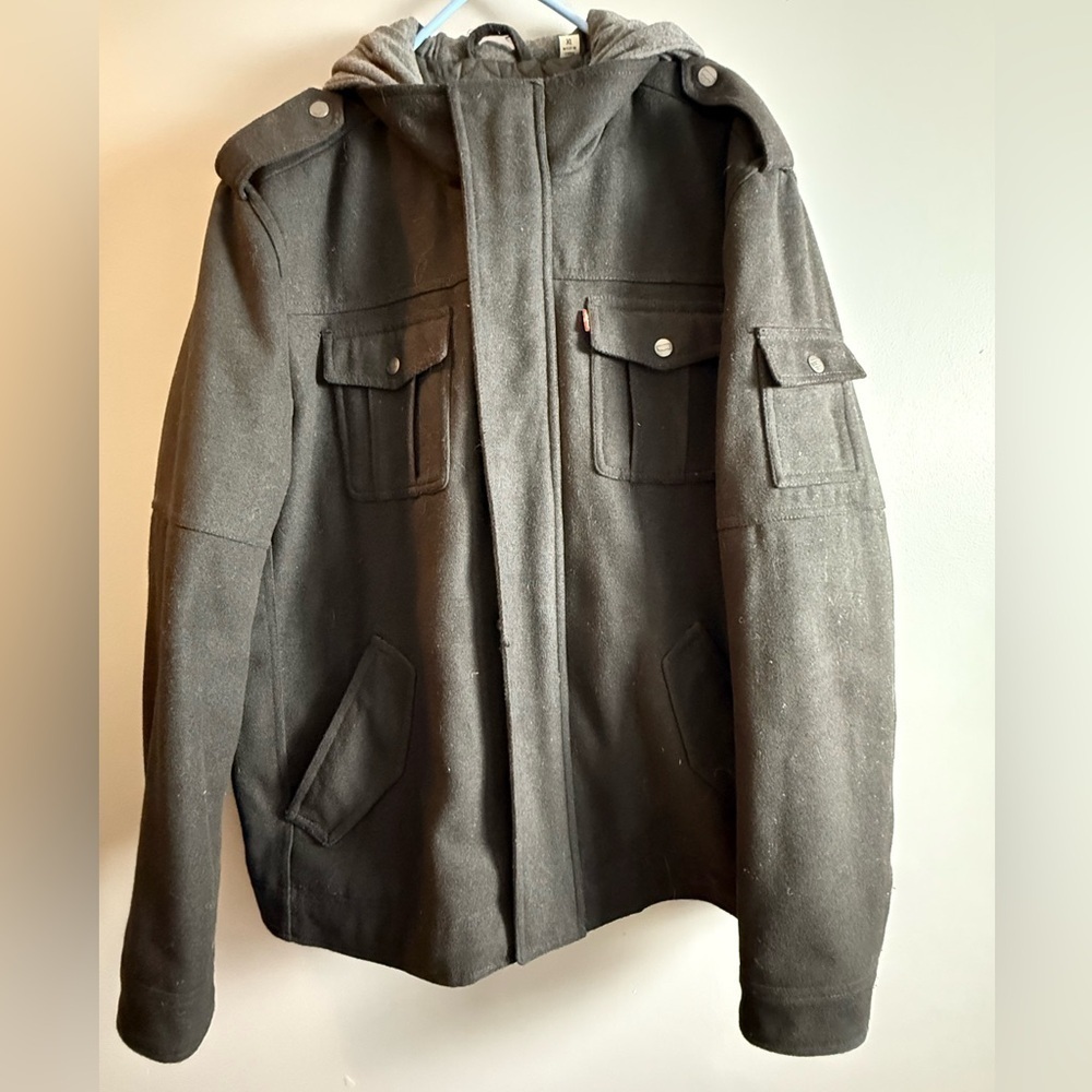 Levis Vtg Jacket Mens XL Wool Blend Grey Military Quilted Trucker Jersey Hood